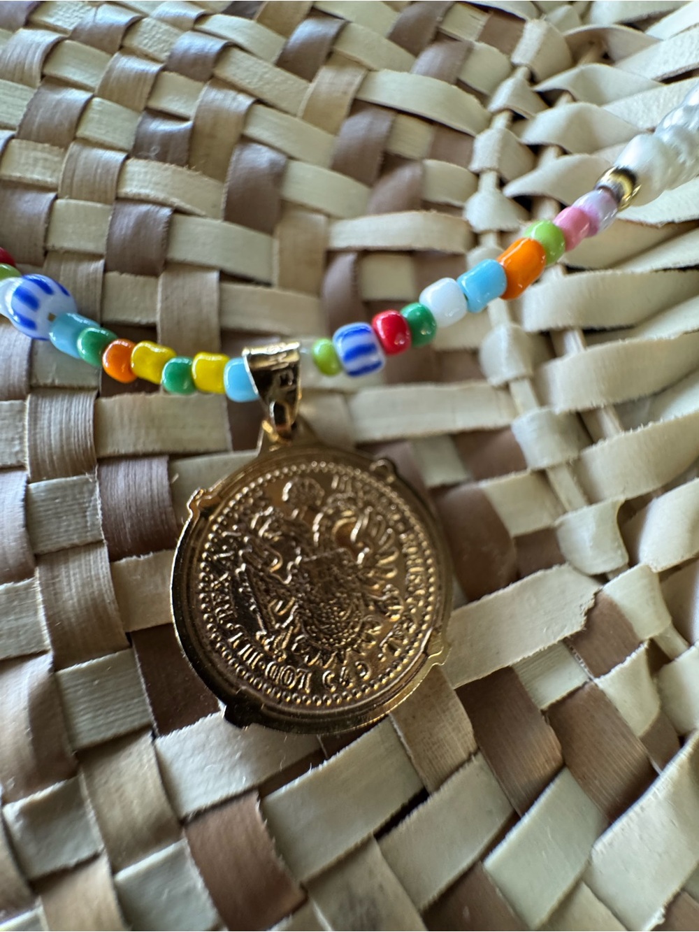 Gold Coin Pendant Multicolor Beaded Necklace with Pearls - Picture 4 of 5
